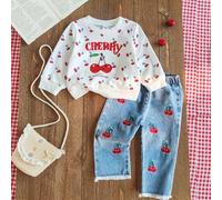 Baby Mädchen Herbst Outfit Süßes Kirschen Muster Sweatshirt Bestickte Kirschen Retro Süß Kawaii Jeans Set,Urlaub Lässig Weihnachten Alltagskleidung,He