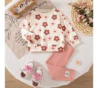 Baby Mädchen Herbst/Winter Neues Blumenmuster gerippter Rundhals Sweatshirt & gerippte Leggings Set, bequem modisch minimalistisch