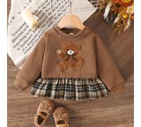 Baby Mädchen Herbst/Winter Neues Plüsch Teddybär Muster Patchwork Karomuster Saum Langarm Sweatshirt, Lässiger Alltagslook