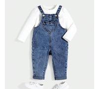 Baby Mädchen Herbstkleidung Rüschensaum Quadratischer Ausschnitt Schleife Vorne Jeans Latzhose Jumpsuit ohne T-Shirt