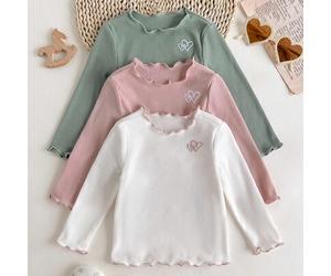 Baby Mädchen Herz Stickerei Rüschen Saum Rundhals Langarm Lässig Top, Baby Mädchen Rippshirt Langarm Shirts für Baby Mädchen mit Lattich Kante, Baby M