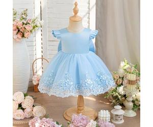 Baby Mädchen Hochzeitssaison Blaues Kleid bestickte Spitze Mesh Satin Kleid mit Lotus Blatt Ärmeln, großer Schleife und Blumen, Kinderrock für Kinderg
