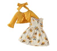 Baby Mädchen Kleid und Strickjacke Set Kleinkind Langarm Mantel Biene Print Rock Kleinkind 3Pcs Outfit Mit Stirnband Gelb 2-3Jahre
