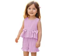 Baby Mädchen Kleidung Rüschen Ärmellos Rundhals Tshirt und Shorts Zweiteiler Set Kleinkind mit Schleifen Sommer Casual Sport Tanktop Outfit Baumwoll Elegant Sport (Purple, 12-18 Months)