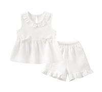 Baby Mädchen Kleidung Rüschen Rundhals Ärmellos Tshirt und Shorts Zweiteiler Set Kleinkind mit Schleifen Sommer Casual Tanktop Outfit Baumwolle Elegant Sport Bekleidungssets (White, 6-12 Months)