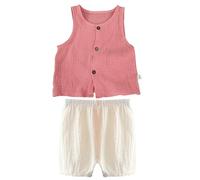 Baby Mädchen Kleidung Rundhals Button-Down Ärmellos Tshirt und Shorts Zweiteiler Set Kleinkind Sommer Leinen Casual Tanktop Outfit Baumwolle Elegant Sport Bekleidungssets (Watermelon Red, 3-4 Years)