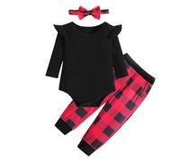 Baby Mädchen Kleidung Set Neugeborenes Weihnachten Outfits Kleinkind gerippt Ruffle Romper + Plaid Pants + Stirnband Kleidung 12-18 Monate