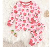 Baby Mädchen Kuschel-Fit Pyjama Set, Cartoon Erdbeere Muster Weicher Strick Rundhals Langarm Top und Leggings mit Gummibund