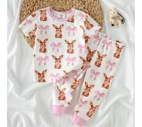 Baby Mädchen Kuschel-Pyjama Set, Cartoon Hase Muster weicher Strick Rundhals Kurzarm Top und Leggings mit Gummibund
