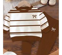 Baby Mädchen Lässig Minimalist Mode Klassisch Kaffee Streifen & Mini Schleife Muster, Bordeaux Farbe, Strick Weich Dick Rundhals Langarm Sweatshirt un