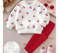 Baby Mädchen Lässig Minimalistisch Süß Mini Polka Dot Kirschen Muster, Amerikanischer Retro Stil, Lockerer Rundhals Sweatshirt & Elastische Taille Lan