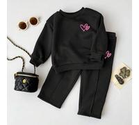 Baby Mädchen Lässig Set aus Herz-Muster Strick Drop-Shoulder Sweatshirt mit weitem Ausschnitt und Langarm sowie weite Jogginghose