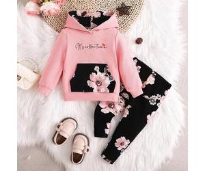 Baby Mädchen lässiges, modisches, niedliches Strick-Textur Hoodie und Hose Set mit elastischem Bund und floralem Muster-Einsatz