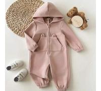 Baby Mädchen Mode Dame elegant niedlich vielseitig gestrickter rosa Kapuzen-Jumpsuit mit 3D-Tasche, geeignet für Herbst und Winter, einfacher und viel