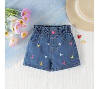 Baby Mädchen Mode süße vintage mittelblau gewaschene Jeans Shorts mit bunter Herz Stickerei, gerade geschnitten, locker sitzend, aus weichem und beque