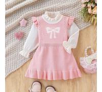 Baby Mädchen modisches, süßes, vielseitiges Strickkleid in Weiß & Pink Kontrastfarben mit Cartoon-Schleife, Herbst/Winter