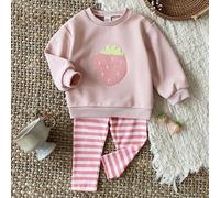 Baby Mädchen Neugeborene 0-3 Jahre Altrosa Erdbeermuster Langarm Sweatshirt + gerippte Skinny Leggings Set Herbst Süßes Familien-Matching-Outfit
