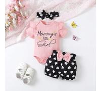 Baby-Mädchen-Outfit, 3-teiliges Set, gerippte Rüschenärmel, Body mit Herzmuster, Bloomer-Shorts und Schleifen-Haarband