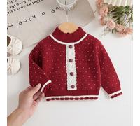 Baby Mädchen Pullover Rot Hochhals Strickpullover mit Herz-Jacquard-Muster, weiches gestricktes Top, süße Spitzenverzierung, exquisite schwere Arbeit,