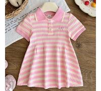 Baby Mädchen Rosa & Weiß Gestreiftes Lässig Kleid, Gestrickter Gestreifter Polokragen, Klassische A-Linien Silhouette, Preppy Stil Mit Kleiner Schleif