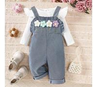 Baby Mädchen Set aus Langarmshirt Einfarbig und Overall mit 3D Blumen