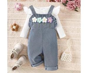 Baby Mädchen Set aus Langarmshirt Einfarbig und Overall mit 3D Blumen