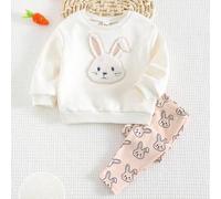 Baby Mädchen Set bestehend aus Strickpullover mit Cartoon Hasen Muster, weichem Rundhalsausschnitt, Langarm und Drop-Shoulder sowie langer Hose, 2-tei