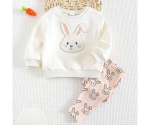 Baby Mädchen Set bestehend aus Strickpullover mit Cartoon Hasen Muster, weichem Rundhalsausschnitt, Langarm und Drop-Shoulder sowie langer Hose, 2-tei