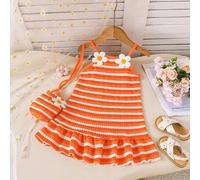 Baby Mädchen Sommer ärmelloses gestreiftes Kleid mit Blumenstickerei, süßes Kleid mit Umhängetasche