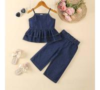 Baby Mädchen Sommer Outfit - Ärmelloses Camisole mit doppellagigem Rüschen Design, modisches leichtes Denim Top kombiniert mit Spitzenbesatz, vielseit