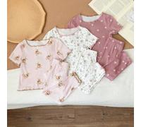 Baby Mädchen süßer Cartoon Bär & Blumen Muster Rüschen Saum Rundhals Kurzarm Top und Hose 6-teiliges Lässig Komfort Strick Pyjama Set