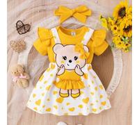 Baby Mädchen süßes Herzmuster Teddy Oberteil Latzkleid Gelb Sommer Lässig Outfit Familien-Matching Rüschen Kurzarm Bodysuit Set