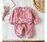 Baby Mädchen Sweatshirt Hose Baby Rosa Schleife Zopfstrick Flauschiger Plüsch Langarm Rundhals Outdoor Winter Babygirl Jogging Gerippt Babyparty