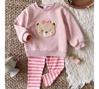 Baby Mädchen T-Shirt Co-Ords Strick Sweatshirt Set, Kinder Applikation Stickerei Plüsch Bär Schleife Rundhals Langarm Top, gestreifte Slim Fit Legging