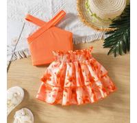 Baby Mädchen Urlaubs-Casual-Set mit ärmellosem, figurbetonendem Tanktop aus geripptem Stoff mit Neckholder und elastischem Bund, tropischem großem Blu