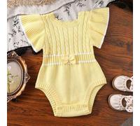 Baby Mädchen weiße gestrickte Sweatshirt-Romper mit Rüschenkragen, Jacquardmuster, schwarzer Streifen, weiße Schleifen-Deko, niedlich & stilvoll, geei