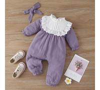 Baby Mädchen Zopfeinstickerei gerüschter Jumpsuit mit Volantärmeln & Haarband