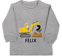 Baby Pullover Jungen Mädchen - 2. Geburtstag - Bagger mit Namen zum Zweiten - 6/12 Monate - Grau meliert - 2 Jahre Junge Baustelle Geburtstags Zwei Name Pulli 2.Geburtstag Babykleidung 2ter Langarm