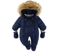 Baby Schneeanzug für Jungen, Winter Fleece Strampler Mit Abnehmbarem Kunstfellkragen Neugeborenen Overall mit Kapuze Warmer Kleinkind Mantel Blau 10-12 Monate