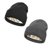 Baby-Strickmütze mit Satin-Innenfutter, Acryl, Wintermützen für Säuglinge, Kleinkinder, Seidenfutter, weich, lässig, warm, für Mädchen und Jungen, Schwarz / Grau, 2-8 Jahre