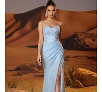 Babyblau glitzerndes Spitzen-Meerjungfrau-Abendkleid mit hohem Schlitz, luxuriöse Pailletten Abschlussball Abendkleider, elegantes Abendkleid