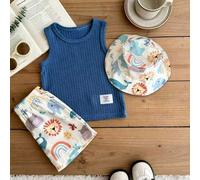Babyjunge Sommer 3 Stücke, Baby minimalistisches vielseitiges ärmelloses Rundhals T-Shirt, blaues strukturiertes Stoffmode Buchstaben-Muster Tanktop,