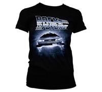 Back To The Future Offizielles Lizenzprodukt Flying Delorean Damen T-Shirt (Schwarz), Small