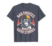 Bad Choices Good Stories Monkey Sonnenbrille Cap Retro T-Shirt, Herren, Blau Meliert, L