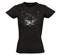 Baddery Damen T-Shirt - „Katze“ - Süßes Cat Motiv (Slim Fit Schwarz M)