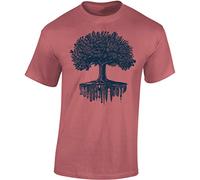 Baddery Nature T-Shirt Herren - „Forest City“ - Baum & Skyline Motiv - Urban Shirt (Rot L)