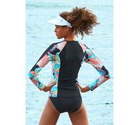 Bade-Shirt LASCANA ACTIVE "Layne", Damen, Gr. 40, N-Gr, schwarz (schwarz, bedruckt), Recycling-Polyamid, unifarben mit Farbeinsätzen, Bikini-Oberteile, mit langen Ärmeln ideal geeignet für SUP (708136