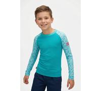 Bade-Shirt TROLLKIDS "Girls Haukland Shirt", Mädchen, Gr. 164, N-Gr, schwarz turquoise, lagoon blau, Jersey, Obermaterial: 92% Polyester, 8% Elasthan, Bikini-Oberteile, körpernaher Schnitt, mit langen