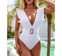 Badeanzüge für Damen Badebekleidung sexy Rüschenbadeanzüge Deep V High Cut Push Up Rückenless One -Stück Badeanzüge for Frauen 2022 (Color : White, Size : S)