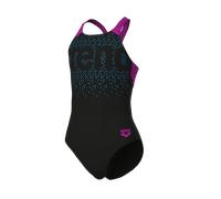Badeanzug ARENA "G ARENA PAINTERLY SWIMSUIT V BACK", Mädchen, Gr. 128, N-Gr, schwarz (schwarz, very fuchsia), Obermaterial: 80% Polyamid, 20% Elasthan, Badeanzüge Badeanzug, mit UV-Schutz UPF50+, aus
